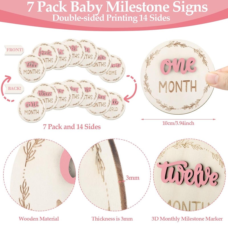 AuraRay 7 Pcs Months Baby Milestone Signs, 3D Pink Baby Monthly Milestone Cards Milestone Wooden Circles for Newborn Boy Girl 1-12 Months Baby Milestone Pictures (Double Sided) - Image 2